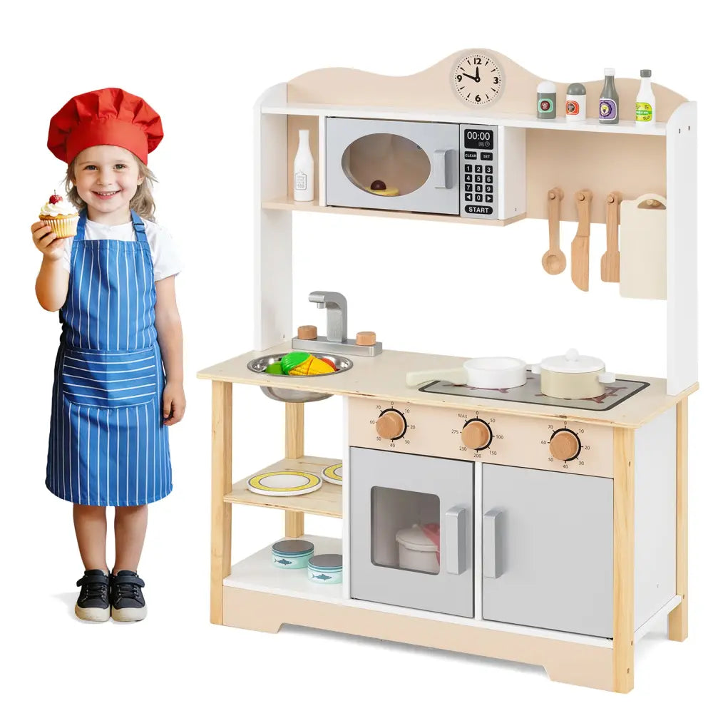 Wooden Play Kitchen Cooking Toy Playset for Kids-White - White - Play Kitchen Sets