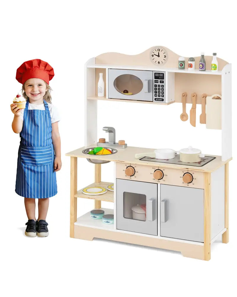 Wooden Play Kitchen Cooking Toy Playset for Kids-White - White - Play Kitchen Sets