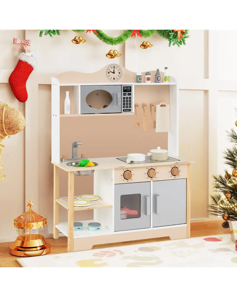 Wooden Play Kitchen Cooking Toy Playset for Kids-White - White - Play Kitchen Sets