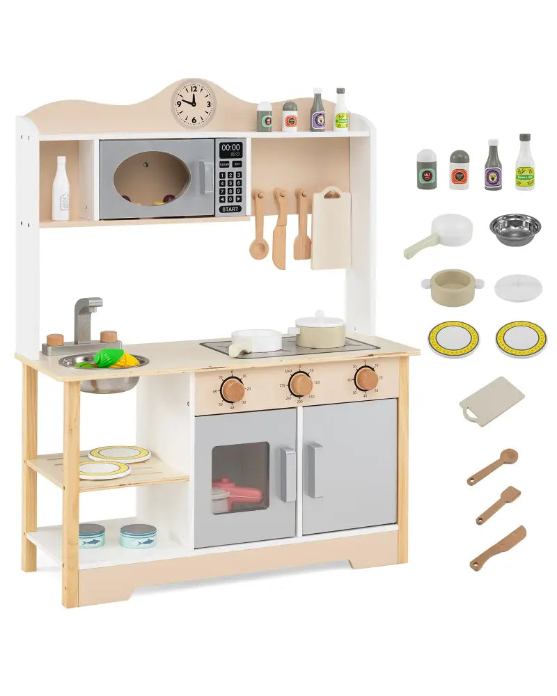 Wooden Play Kitchen Cooking Toy Playset for Kids-White - White - Play Kitchen Sets
