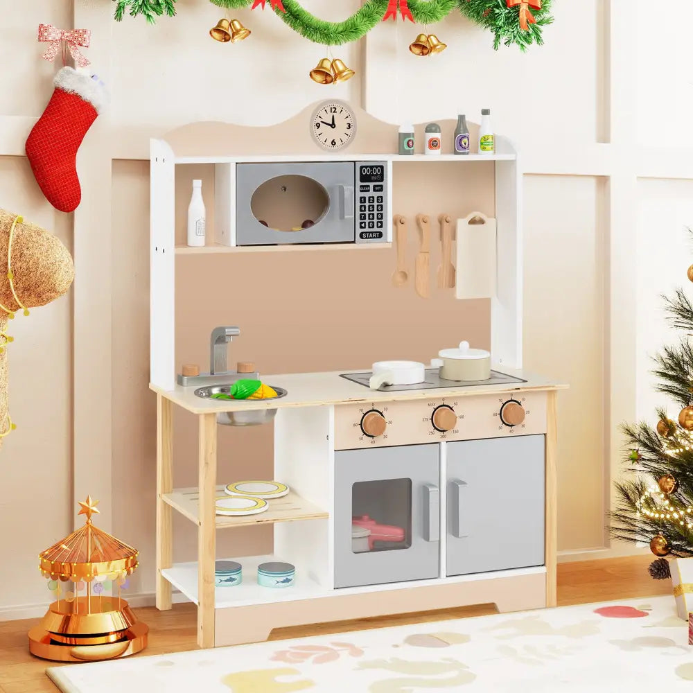 Wooden Play Kitchen Cooking Toy Playset for Kids-White - White - Play Kitchen Sets