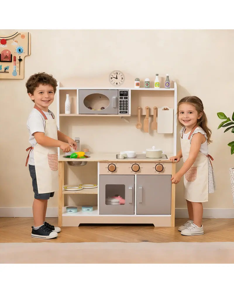 Wooden Play Kitchen Cooking Toy Playset for Kids-White - White - Play Kitchen Sets