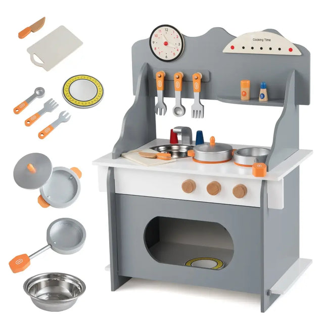 Wooden Play Kitchen for Kids Pretend Play Toy Kitchen Set with Clock Gift for Boys and Girls 3 + - Gray - Oasis Home Essentials