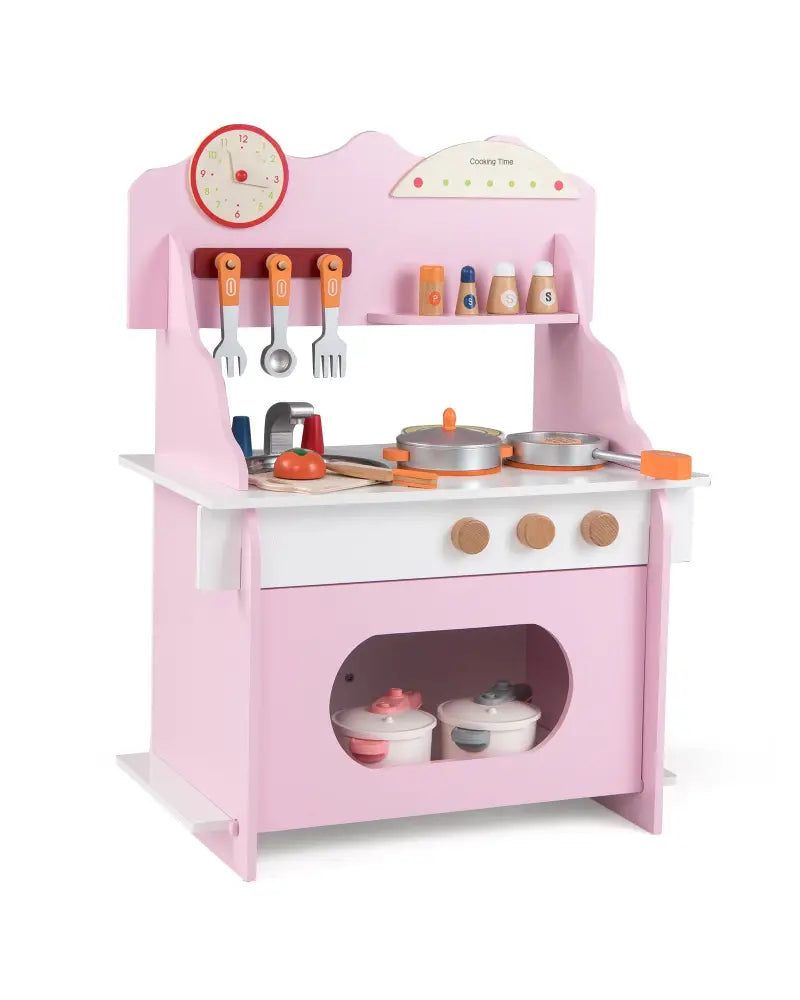 Wooden Play Kitchen for Kids Pretend Play Toy Kitchen Set with Clock Gift for Boys and Girls 3 +Pink - Pink - Play