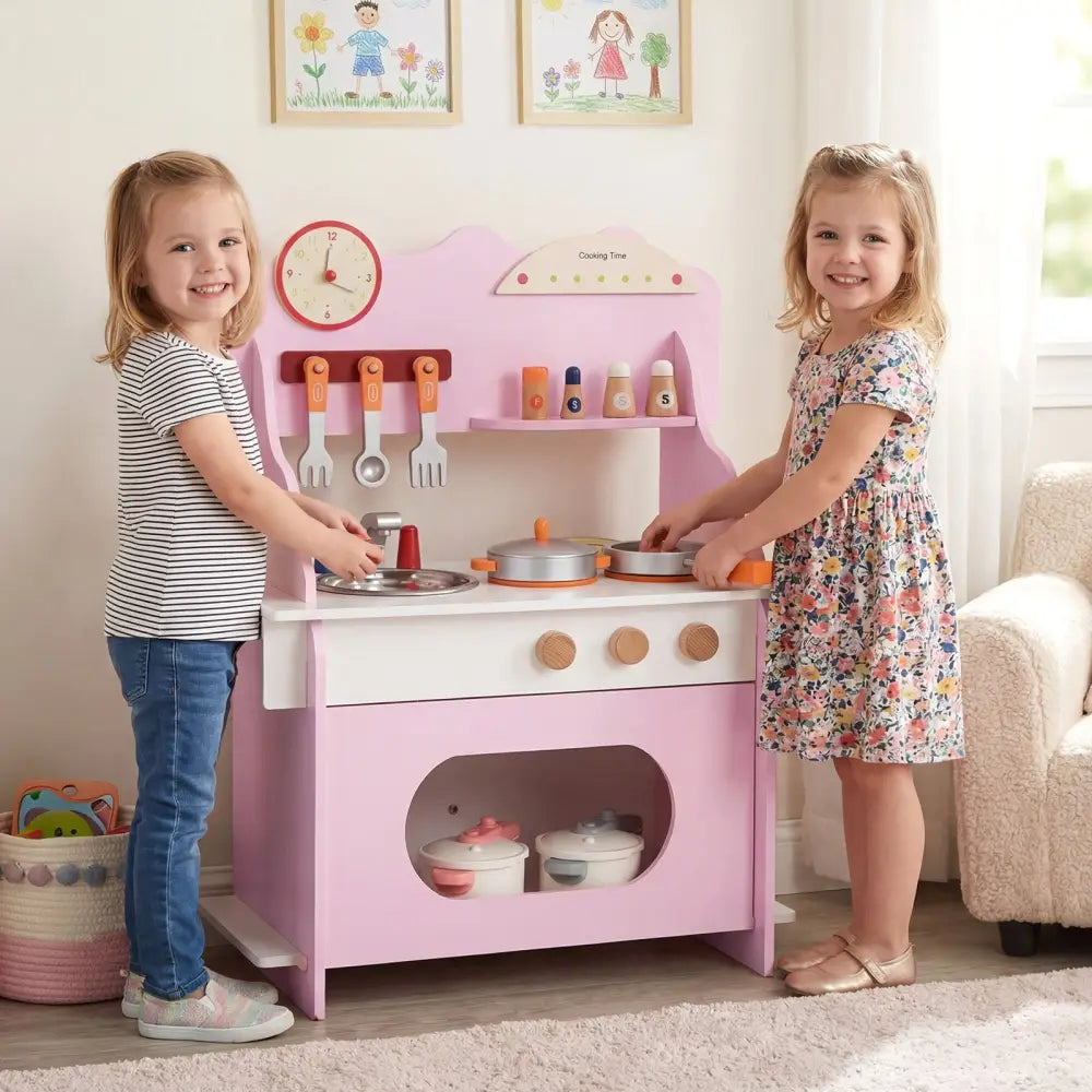 Wooden Play Kitchen for Kids Pretend Play Toy Kitchen Set with Clock Gift for Boys and Girls 3 +Pink - Pink - Play