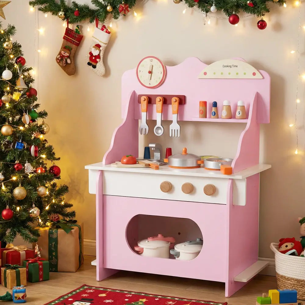 Wooden Play Kitchen for Kids Pretend Play Toy Kitchen Set with Clock Gift for Boys and Girls 3 +Pink - Pink - Play