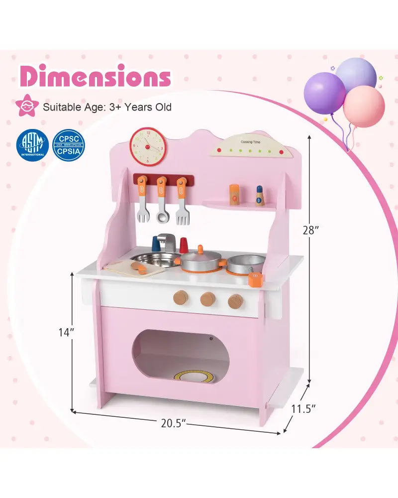 Wooden Play Kitchen for Kids Pretend Play Toy Kitchen Set with Clock Gift for Boys and Girls 3 +Pink - Pink - Play
