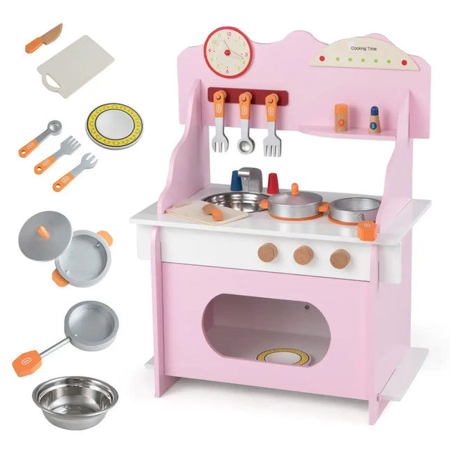 Wooden Play Kitchen for Kids Pretend Play Toy Kitchen Set with Clock Gift for Boys and Girls 3 +Pink - Oasis Home Essentials