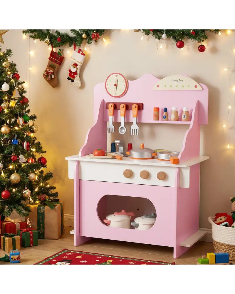Wooden Play Kitchen for Kids Pretend Play Toy Kitchen Set with Clock Gift for Boys and Girls 3 +Pink - Pink - Play