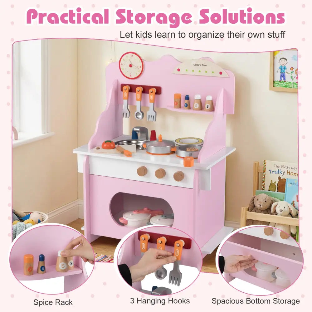 Wooden Play Kitchen for Kids Pretend Play Toy Kitchen Set with Clock Gift for Boys and Girls 3 +Pink - Pink - Play