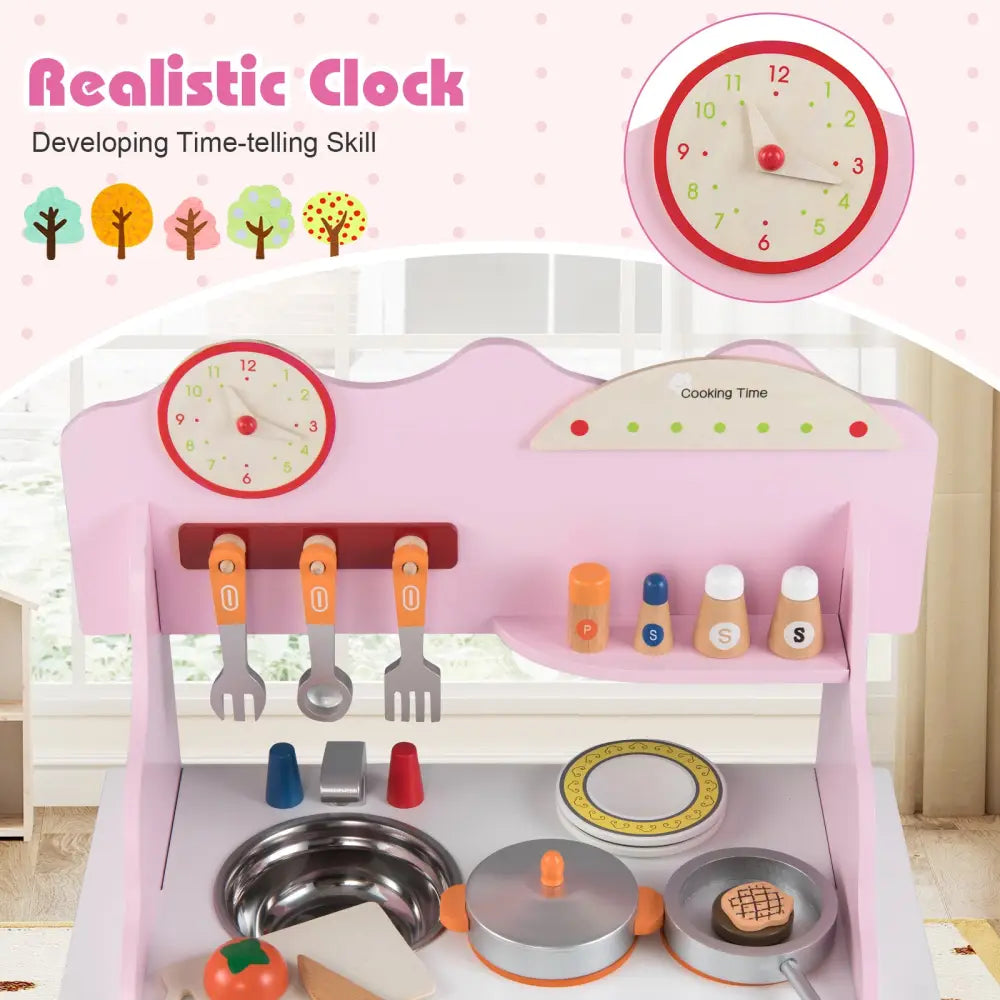 Wooden Play Kitchen for Kids Pretend Play Toy Kitchen Set with Clock Gift for Boys and Girls 3 +Pink - Pink - Play