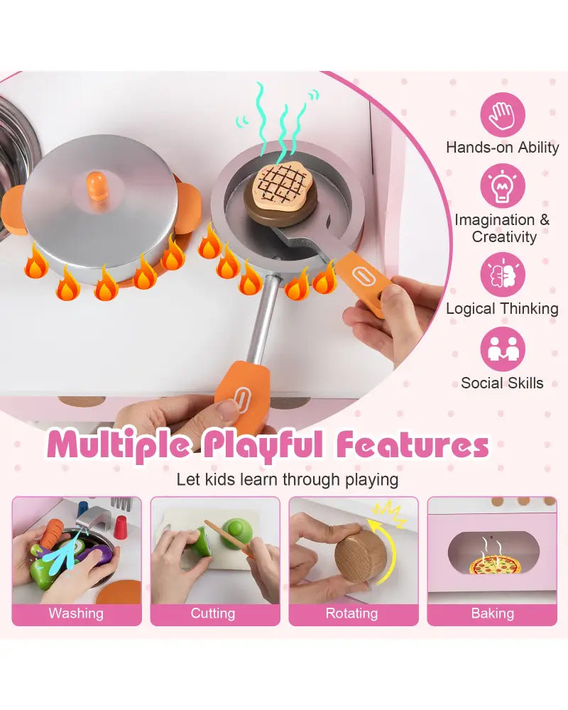 Wooden Play Kitchen for Kids Pretend Play Toy Kitchen Set with Clock Gift for Boys and Girls 3 +Pink - Pink - Play