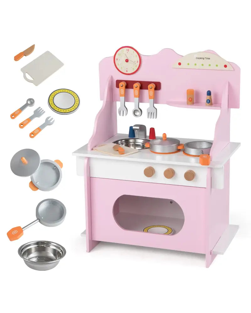 Wooden Play Kitchen for Kids Pretend Play Toy Kitchen Set with Clock Gift for Boys and Girls 3 +Pink - Pink - Play
