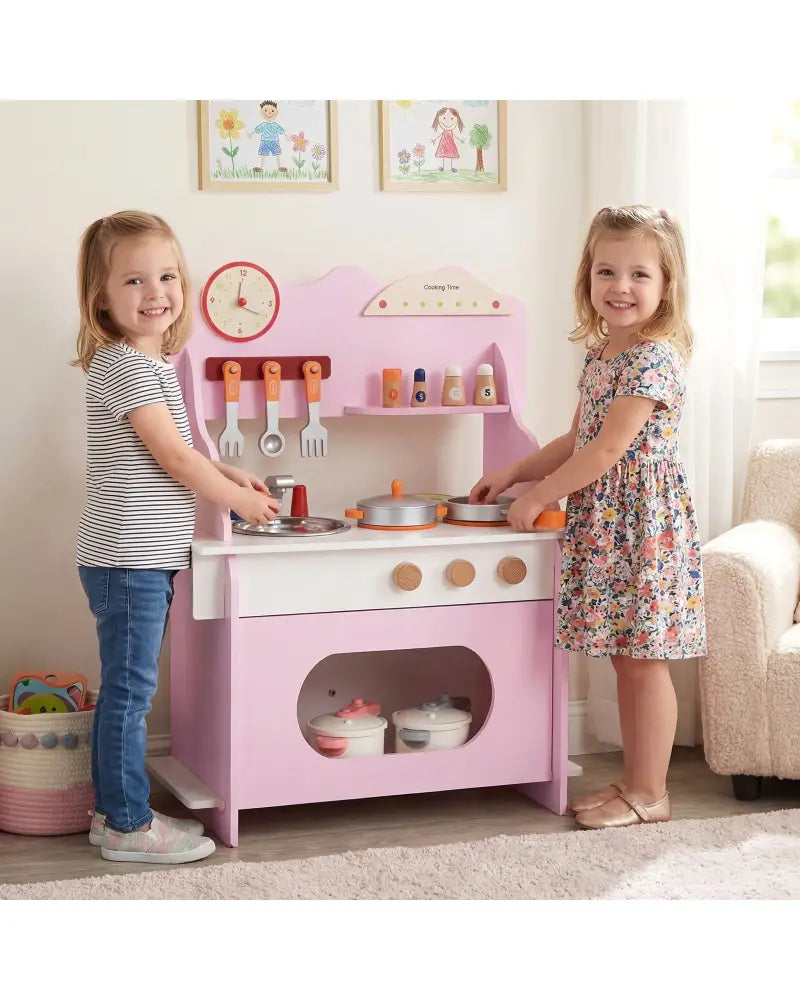 Wooden Play Kitchen for Kids Pretend Play Toy Kitchen Set with Clock Gift for Boys and Girls 3 +Pink - Pink - Play