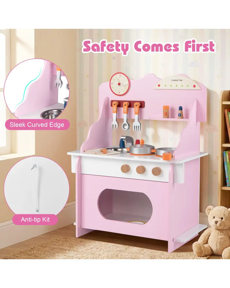 Wooden Play Kitchen for Kids Pretend Play Toy Kitchen Set with Clock Gift for Boys and Girls 3 +Pink - Pink - Play
