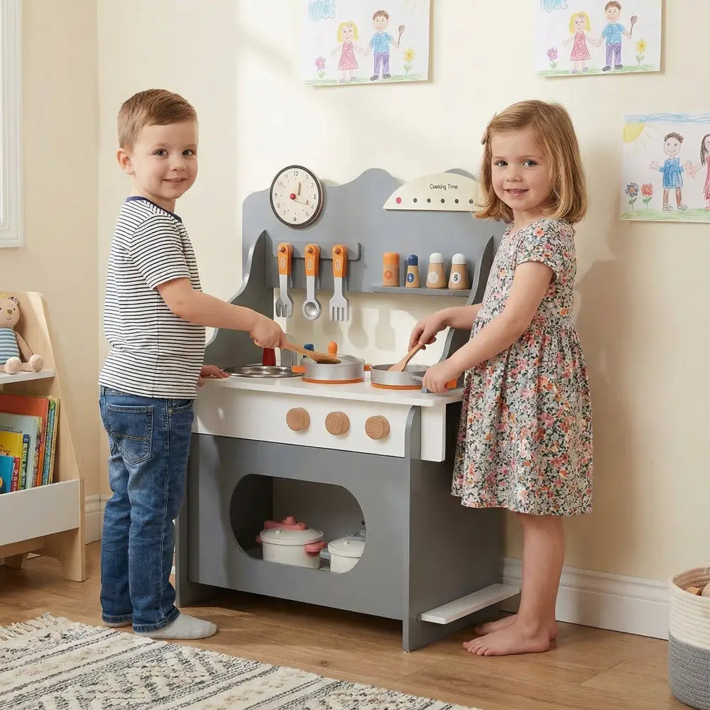 Wooden Play Kitchen for Kids Pretend Play Toy Kitchen Set with Clock Gift for Boys and Girls 3 +-Gray - Gray - Play