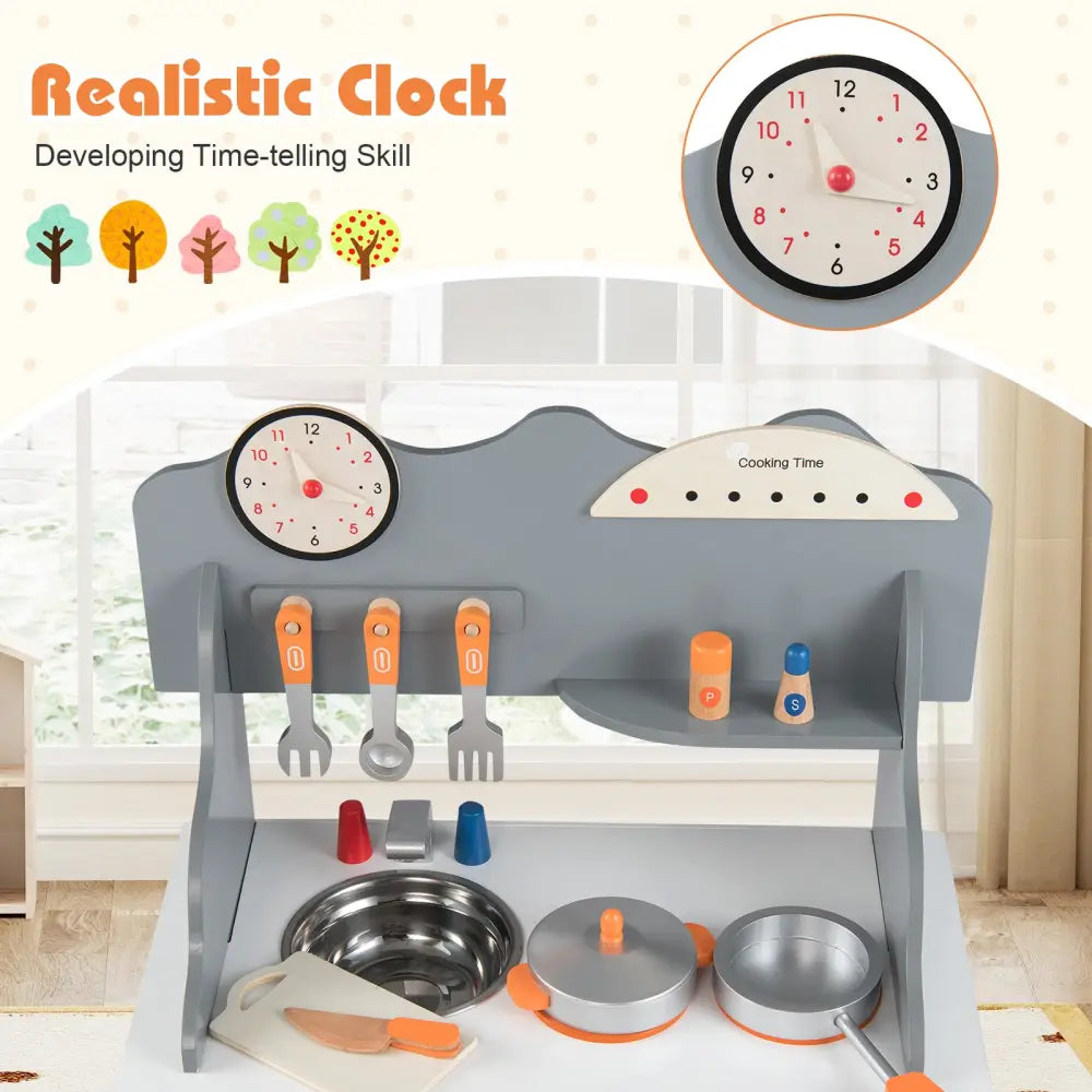 Wooden Play Kitchen for Kids Pretend Play Toy Kitchen Set with Clock Gift for Boys and Girls 3 +-Gray - Gray - Play