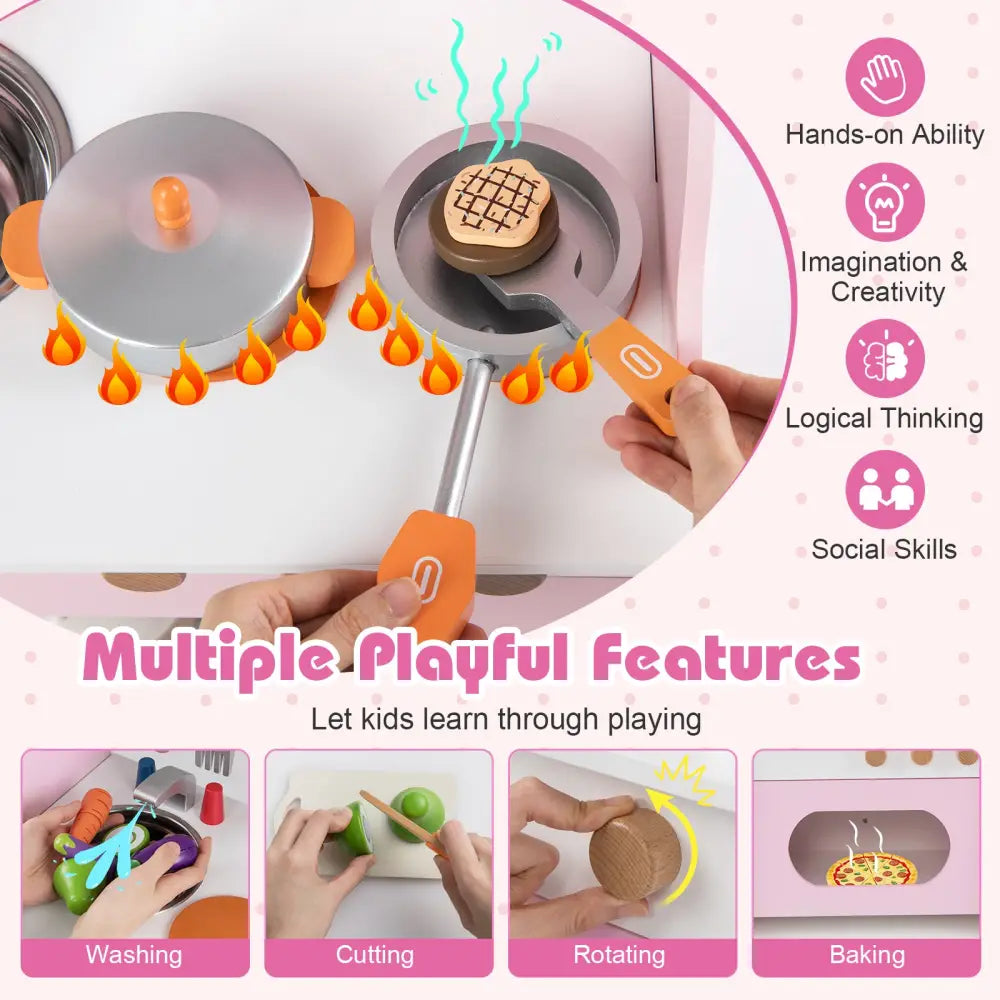 Wooden Play Kitchen for Kids Pretend Play Toy Kitchen Set with Clock Gift for Boys and Girls 3 +Pink - Pink - Play