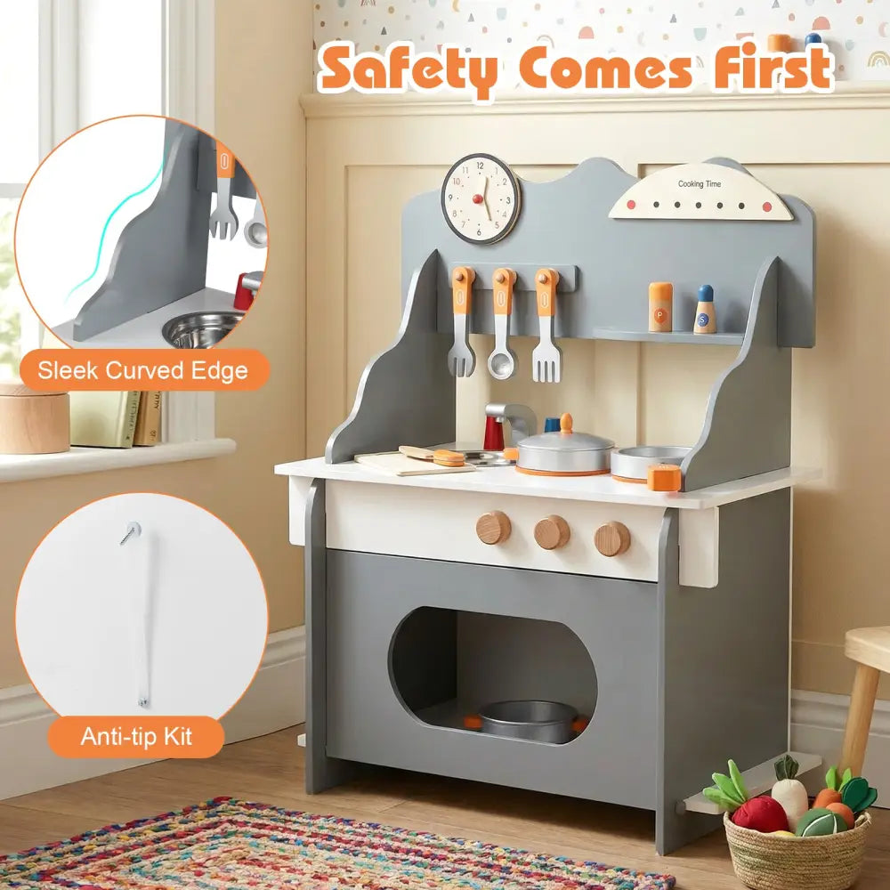 Wooden Play Kitchen for Kids Pretend Play Toy Kitchen Set with Clock Gift for Boys and Girls 3 +-Gray - Gray - Play