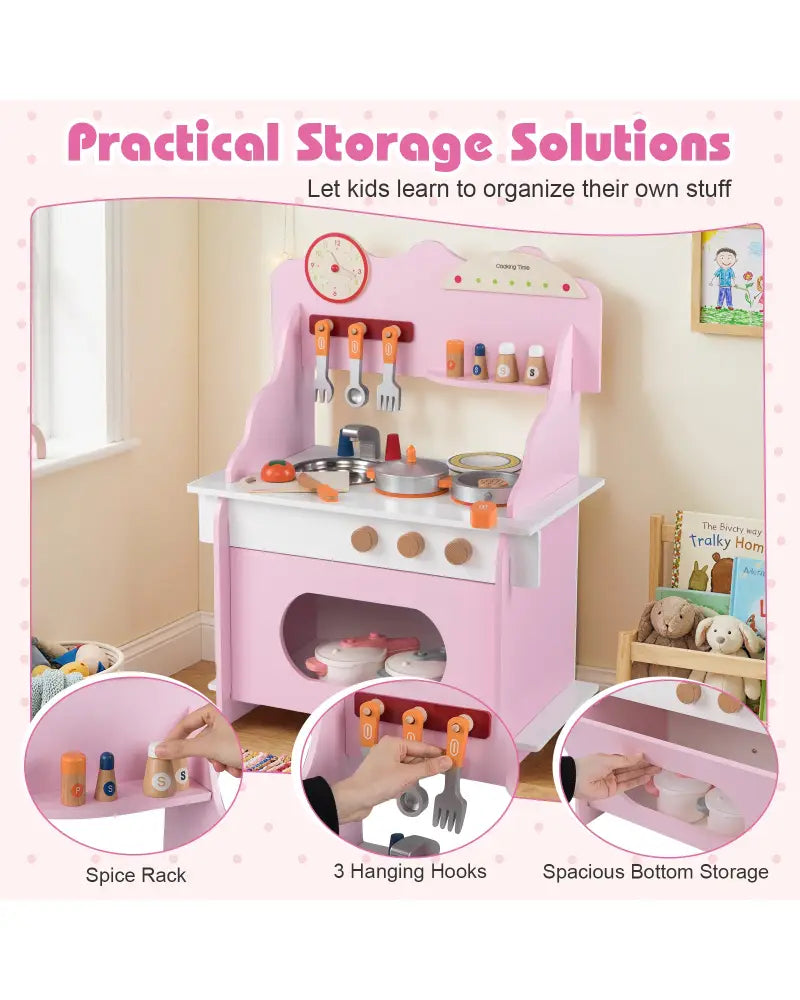 Wooden Play Kitchen for Kids Pretend Play Toy Kitchen Set with Clock Gift for Boys and Girls 3 +Pink - Pink - Play