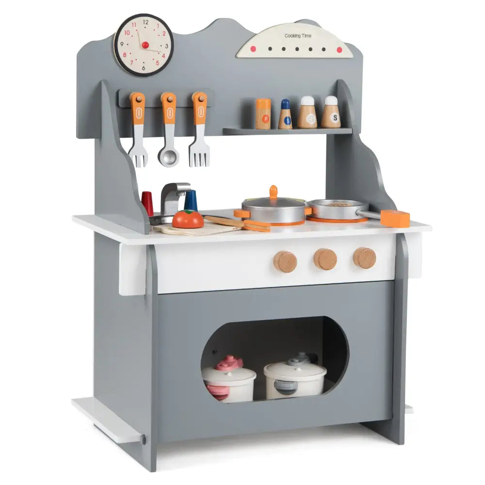 Wooden Play Kitchen for Kids Pretend Play Toy Kitchen Set with Clock Gift for Boys and Girls 3 +-Gray - Gray - Play
