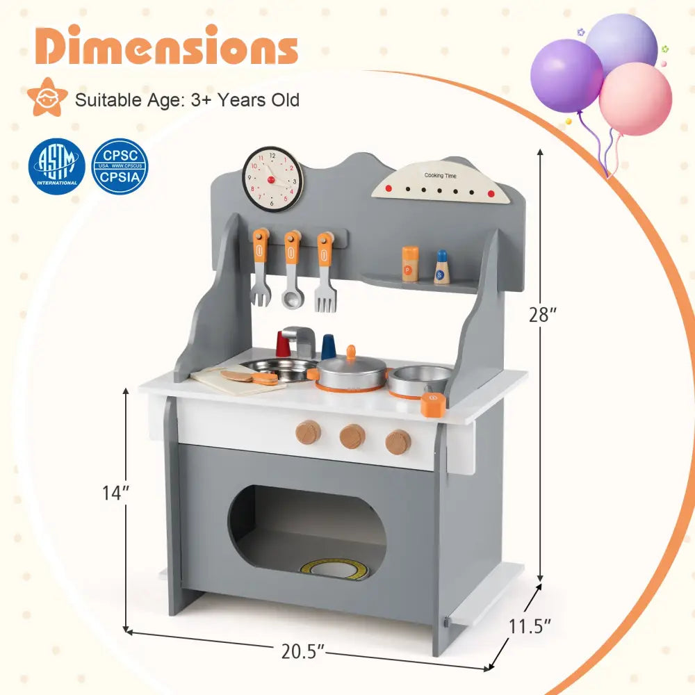 Wooden Play Kitchen for Kids Pretend Play Toy Kitchen Set with Clock Gift for Boys and Girls 3 +-Gray - Gray - Play