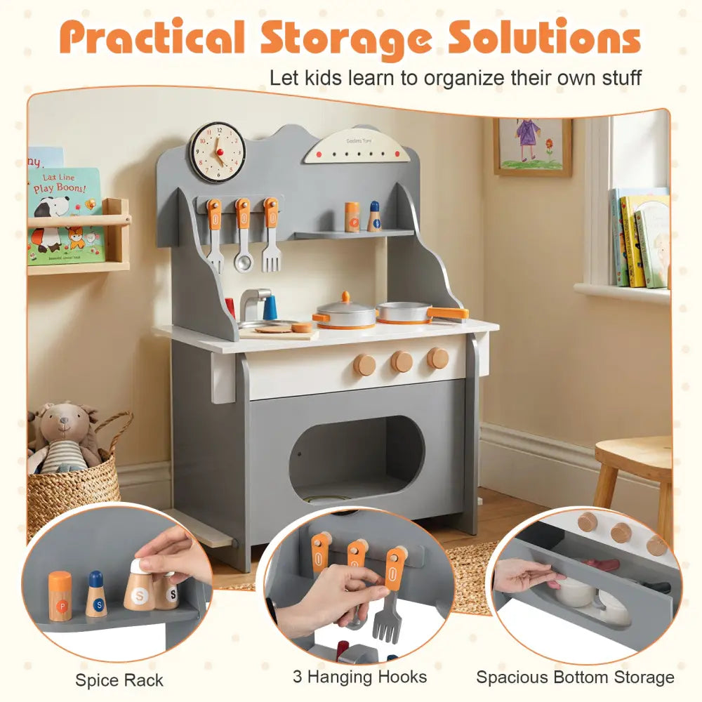 Wooden Play Kitchen for Kids Pretend Play Toy Kitchen Set with Clock Gift for Boys and Girls 3 +-Gray - Gray - Play