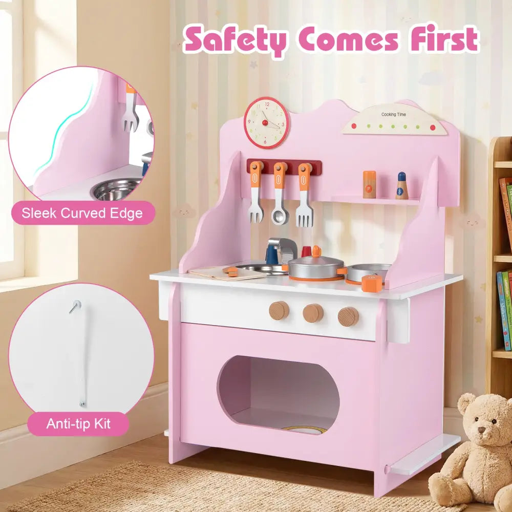 Wooden Play Kitchen for Kids Pretend Play Toy Kitchen Set with Clock Gift for Boys and Girls 3 +Pink - Pink - Play