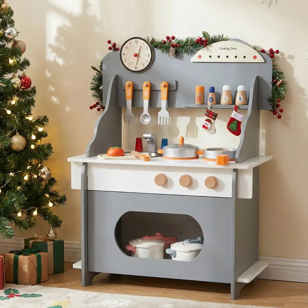 Wooden Play Kitchen for Kids Pretend Play Toy Kitchen Set with Clock Gift for Boys and Girls 3 +-Gray - Gray - Play