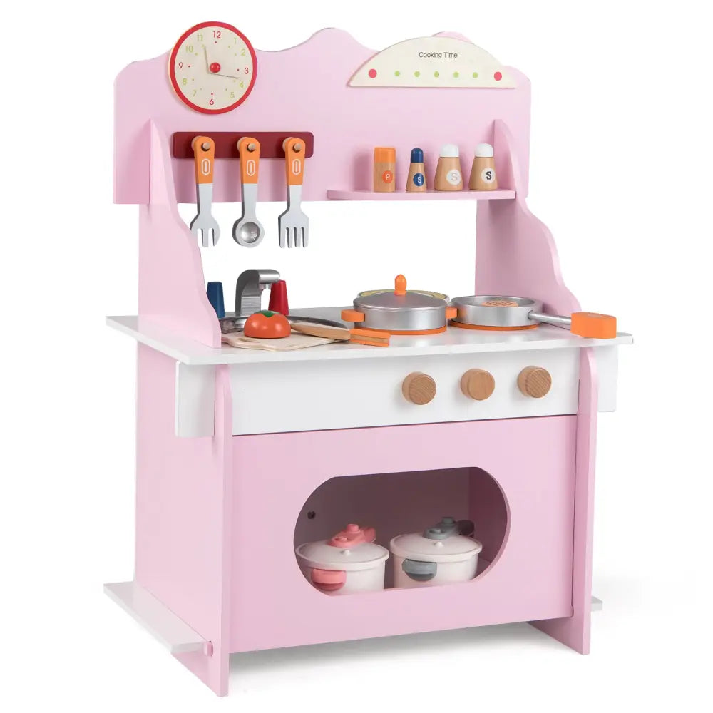 Wooden Play Kitchen for Kids Pretend Play Toy Kitchen Set with Clock Gift for Boys and Girls 3 +Pink - Pink - Play