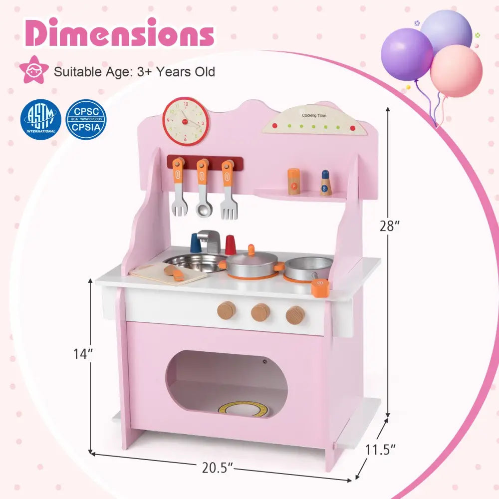 Wooden Play Kitchen for Kids Pretend Play Toy Kitchen Set with Clock Gift for Boys and Girls 3 +Pink - Pink - Play