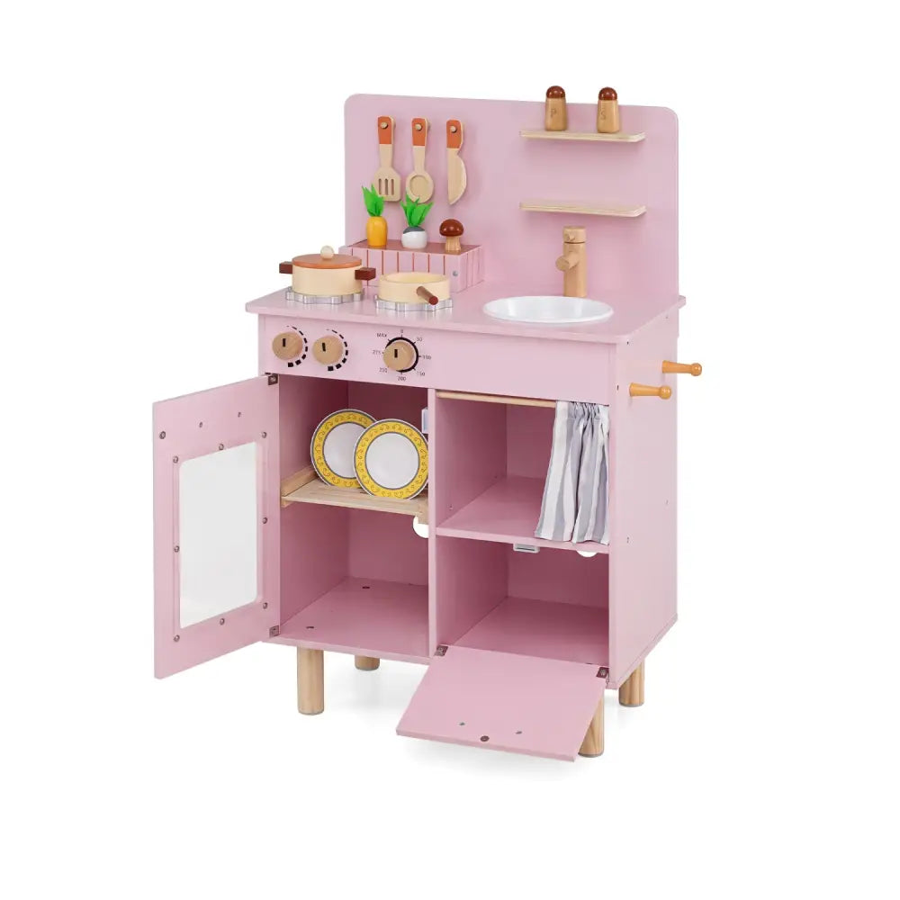 Wooden Play Kitchen for Kids Toddler Kitchen Playset with Stoves Faucet Sink-Pink - Pink - Play Kitchen Sets