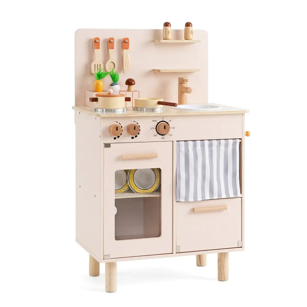 Wooden Play Kitchen for Kids Toddler Kitchen Playset with Stoves Faucet Sink-Beige - Beige - Play Kitchen Sets