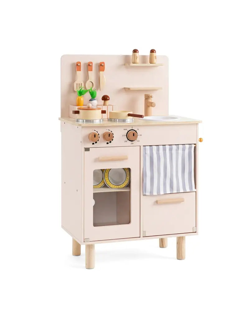 Wooden Play Kitchen for Kids Toddler Kitchen Playset with Stoves Faucet Sink-Beige - Beige - Play Kitchen Sets