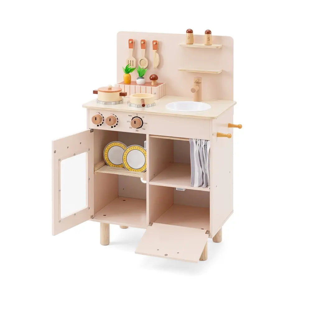Wooden Play Kitchen for Kids Toddler Kitchen Playset with Stoves Faucet Sink-Beige - Beige - Play Kitchen Sets