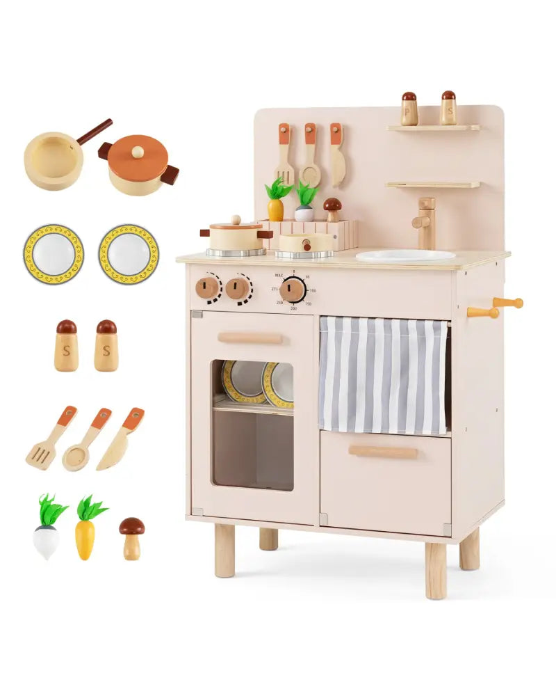 Wooden Play Kitchen for Kids Toddler Kitchen Playset with Stoves Faucet Sink-Beige - Beige - Play Kitchen Sets