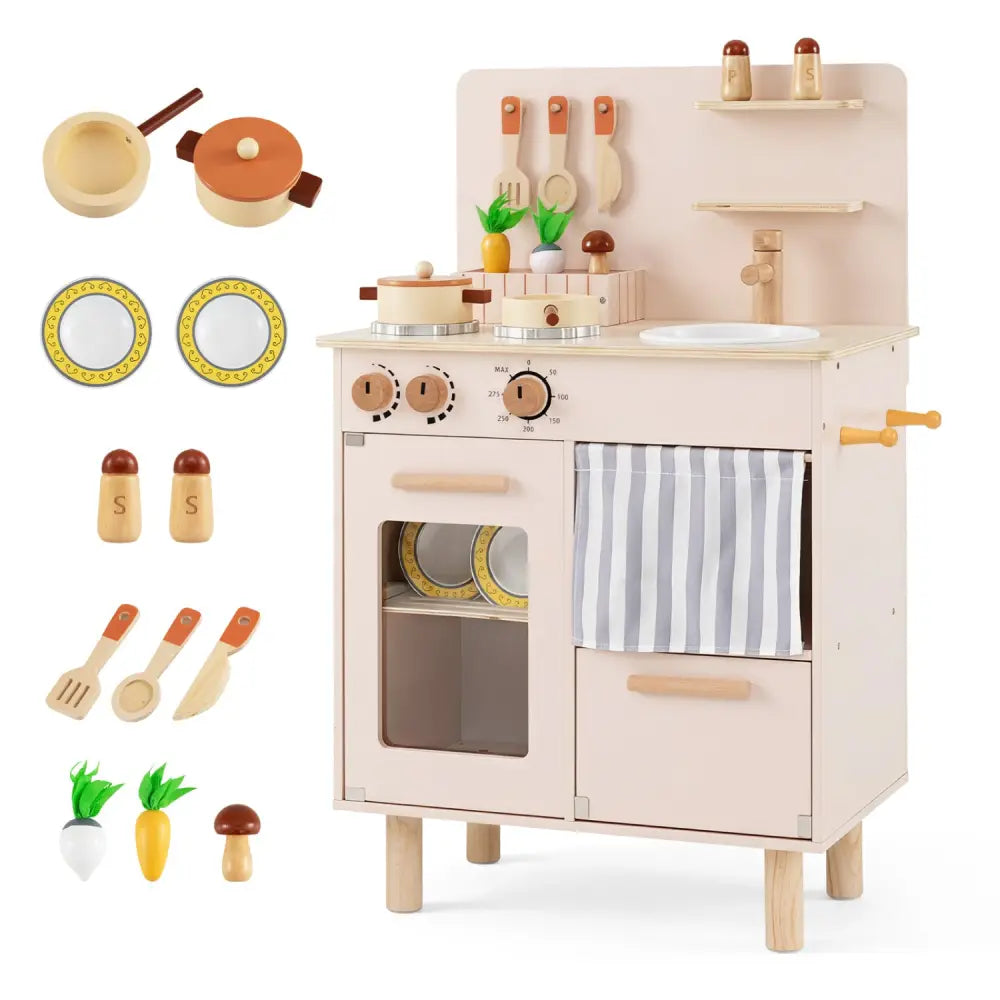 Wooden Play Kitchen for Kids Toddler Kitchen Playset with Stoves Faucet Sink-Beige - Beige - Play Kitchen Sets