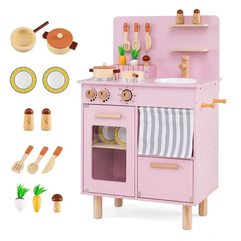 Wooden Play Kitchen for Kids Toddler Kitchen Playset with Stoves Faucet Sink-Pink - Pink - Play Kitchen Sets