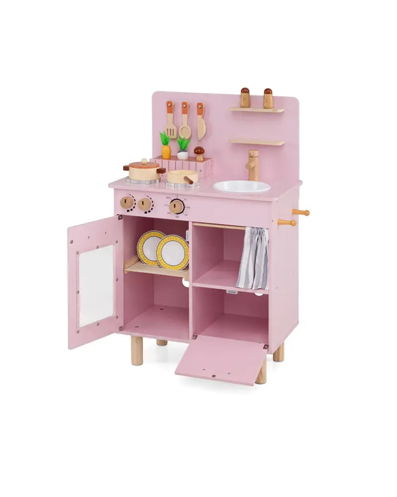 Wooden Play Kitchen for Kids Toddler Kitchen Playset with Stoves Faucet Sink-Pink - Pink - Play Kitchen Sets