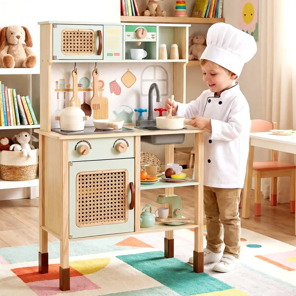 Wooden Play Kitchen for Kids with Lights and Sounds Retro Style With Accessories-Green - Green - Play Kitchen Sets