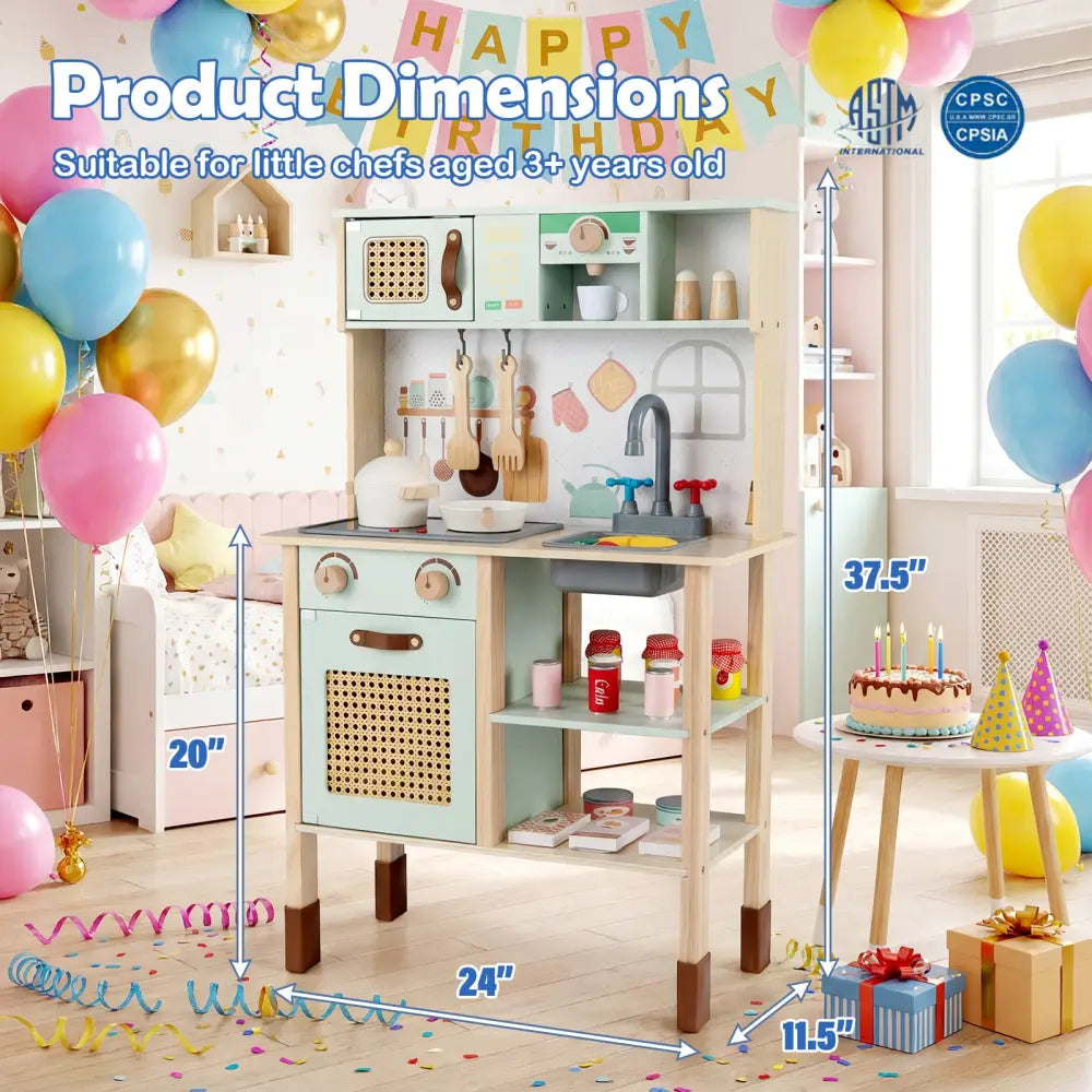 Wooden Play Kitchen for Kids with Lights and Sounds Retro Style With Accessories-Green - Green - Play Kitchen Sets