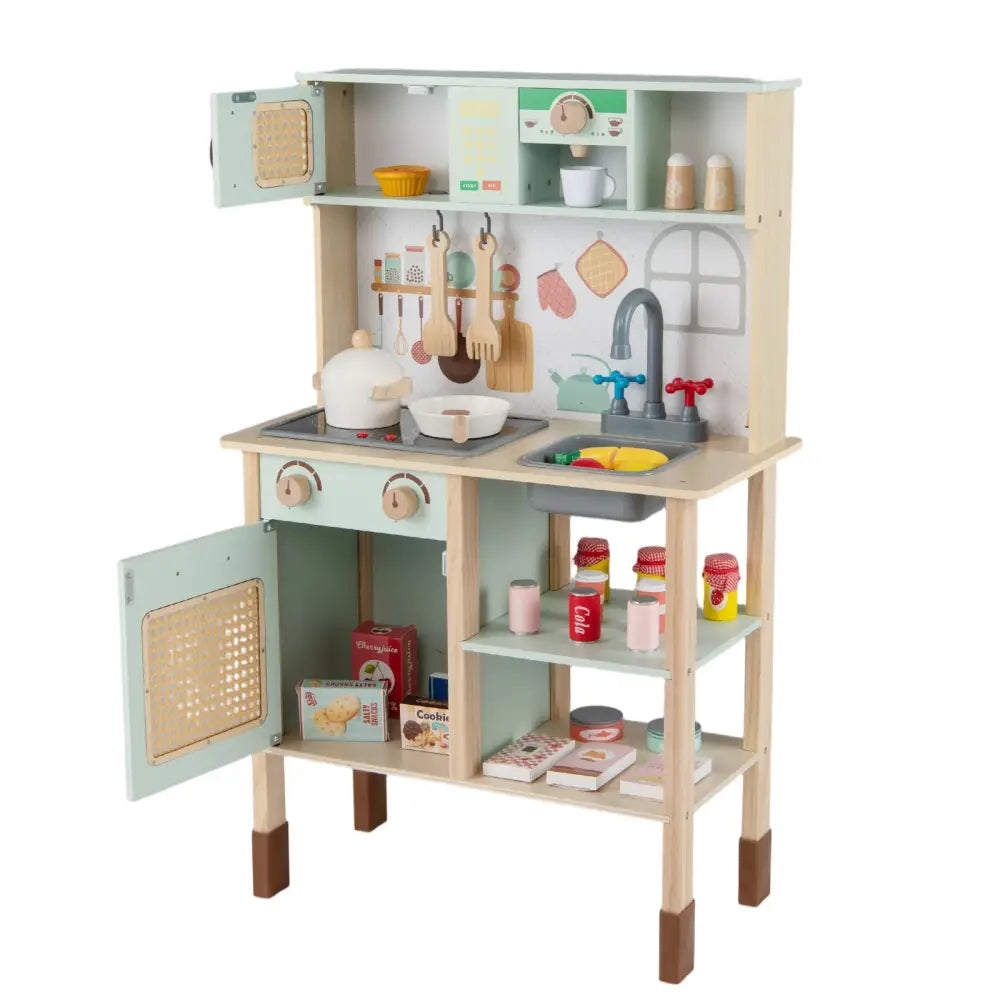 Wooden Play Kitchen for Kids with Lights and Sounds Retro Style With Accessories-Green - Green - Play Kitchen Sets