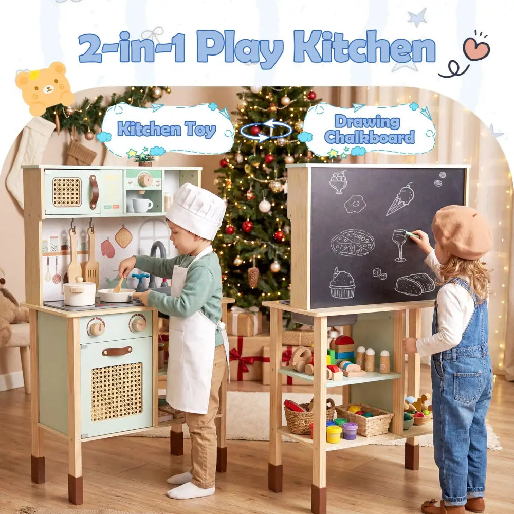 Wooden Play Kitchen for Kids with Lights and Sounds Retro Style With Accessories-Green - Green - Play Kitchen Sets