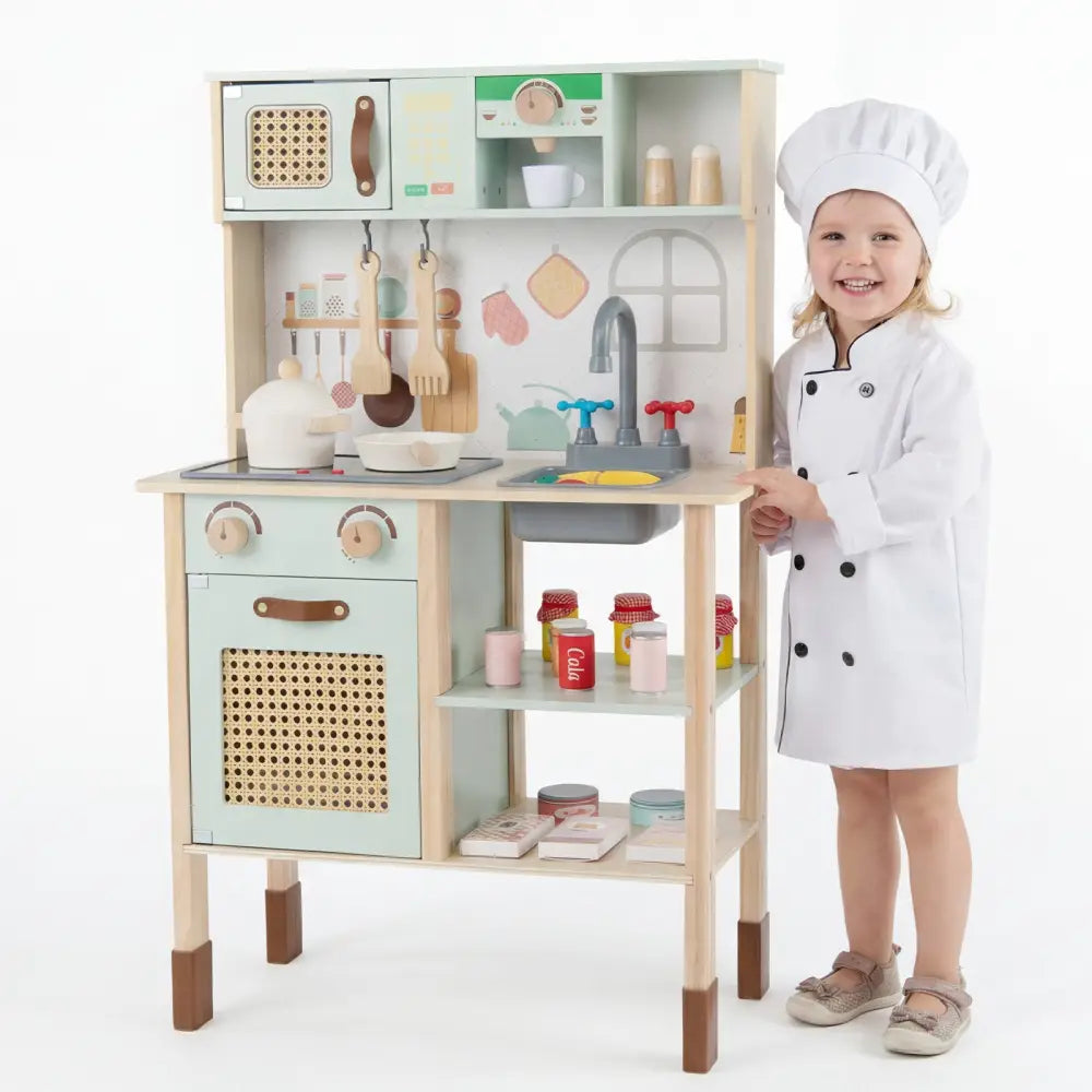 Wooden Play Kitchen for Kids with Lights and Sounds Retro Style With Accessories-Green - Green - Play Kitchen Sets