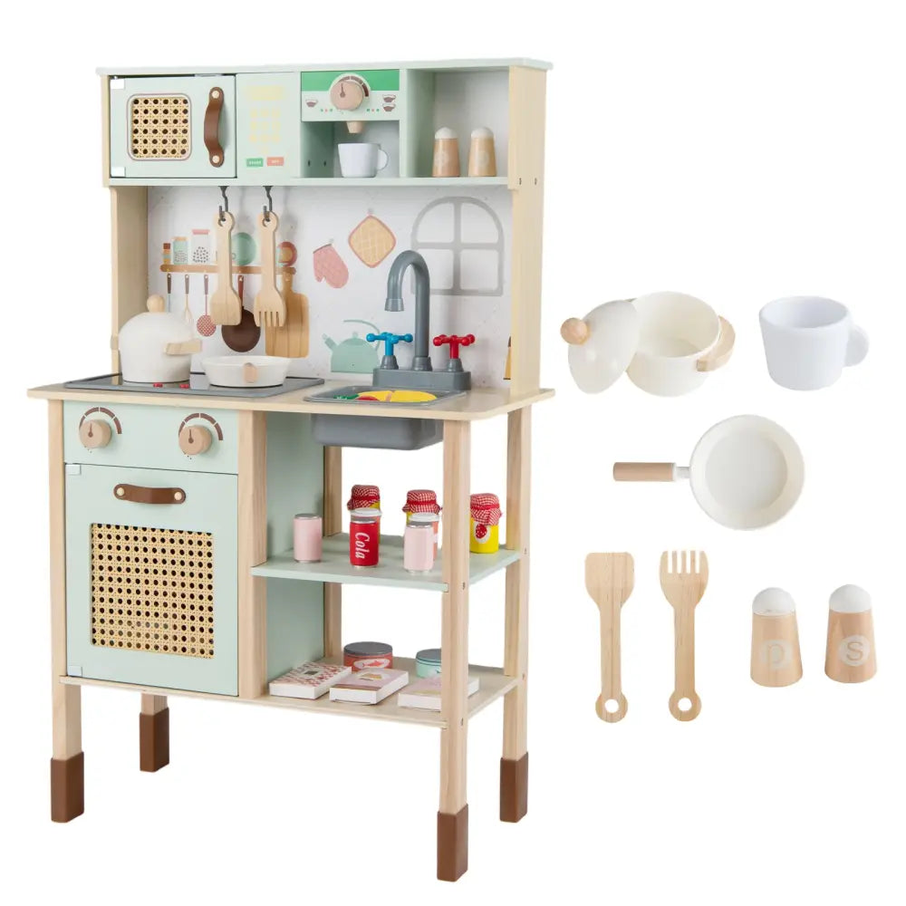 Wooden Play Kitchen for Kids with Lights and Sounds Retro Style With Accessories-Green - Green - Play Kitchen Sets