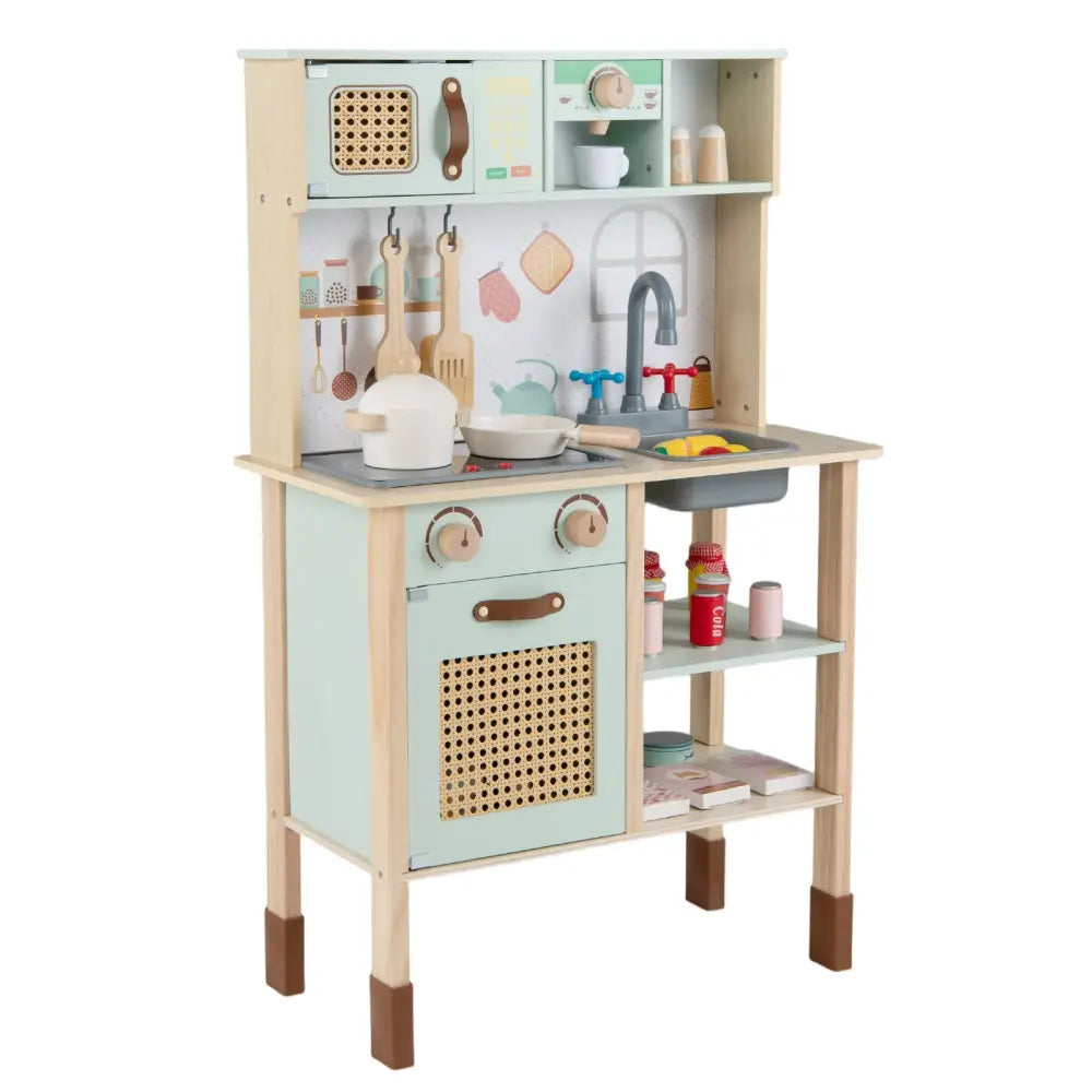 Wooden Play Kitchen for Kids with Lights and Sounds Retro Style With Accessories-Green - Green - Play Kitchen Sets