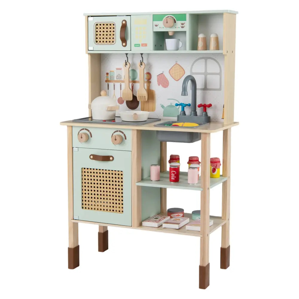 Wooden Play Kitchen for Kids with Lights and Sounds Retro Style With Accessories-Green - Green - Play Kitchen Sets