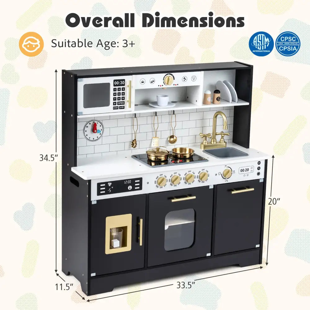 Wooden Play Kitchen for Kids with Realistic Lights and Sounds-Black - Black - Play Kitchen Sets