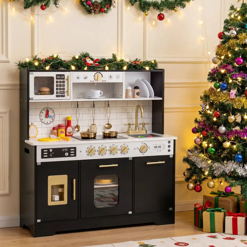 Wooden Play Kitchen for Kids with Realistic Lights and Sounds-Black - Black - Play Kitchen Sets