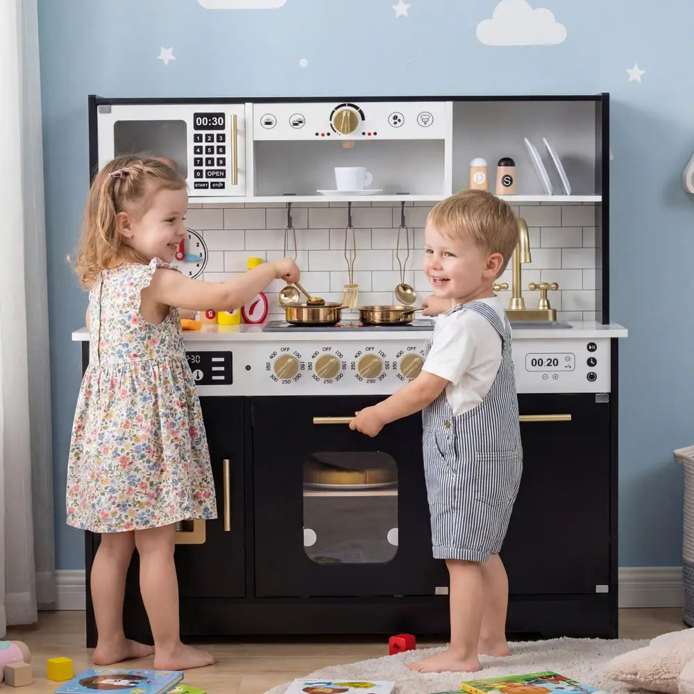Wooden Play Kitchen for Kids with Realistic Lights and Sounds-Black - Black - Play Kitchen Sets